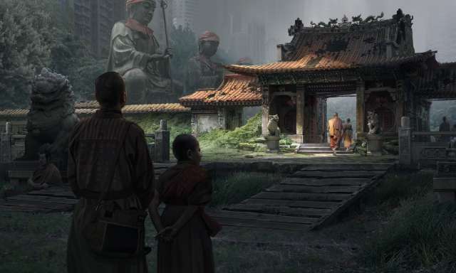 Vue d'artiste d'un temple Shaolin anachronique